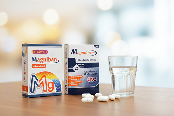 تصویر کپسول مکمل منیزیم کنار لیوان آب